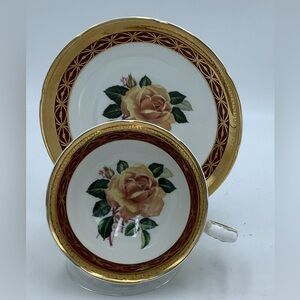 Vintage Court Royal Red/Gold English Bone China  Cabbage Rose Teacup & Saucer